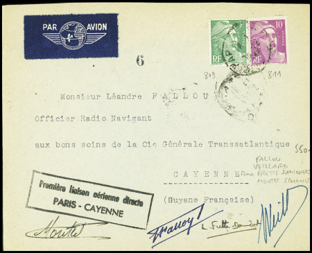 N°809 + 811 OBL 4.12.1949 sur lettre avec cachet rect noir "Première liaison aérienne directe Paris-Cayenne" sur lettre avec signatures de l'équipage