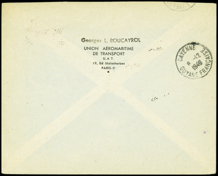 N°809 + 811 OBL 4.12.1949 sur lettre avec cachet rect noir "Première liaison aérienne directe Paris-Cayenne" sur lettre avec signatures de l'équipage