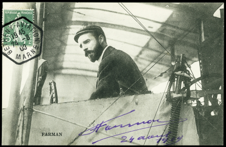 N°137 OBL hexagonale "Betheny aviation Marne" (24.8.1909) sur carte postale représentant H.Farman avec sa signature. Jolie pièce