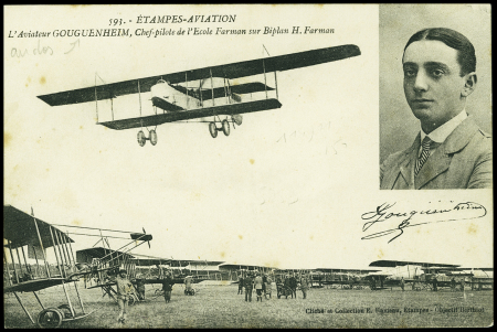 Carte postale "Etampes aviation - l'aviateur Gouguenheim, chef pilote de l'Ecole Farman sur biplan H.Farman avec signature au verso. TB