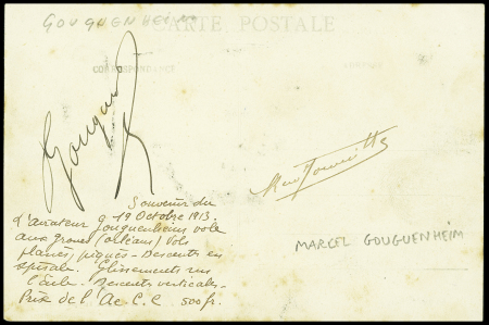 Carte postale "Etampes aviation - l'aviateur Gouguenheim, chef pilote de l'Ecole Farman sur biplan H.Farman avec signature au verso. TB
