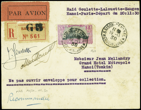 Indochine n°140 OBL Saïgon (19.11.30) sur lettre Saïgon - Hanoï avec signatures de Goulette et Lalouette (M42 Indochine). TB
