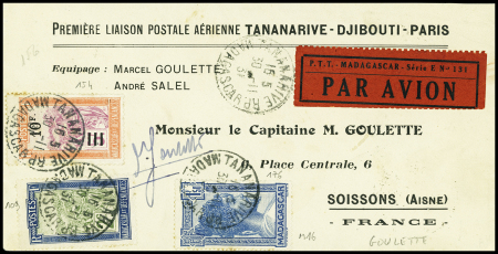 Env. spéciale (tirage 50) 1ere liaison Tananarive - Djibouti - Paris avec signature de Goulette (M16 Madagascar). TB