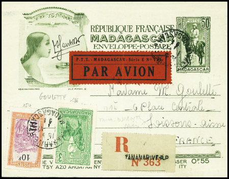 Madagascar n°154 + 186 sur env entier postal 50c olive Gallieni Tananarive - Paris avec signature de Goulette (M16 Madagascar). TB