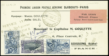 Env. spéciale (tirage 50) "Première liaison postale aérienne Djibouti-Paris 3.12.1931 ave étiquette rose et signature de Goulette (M7 Côte des Somalis)