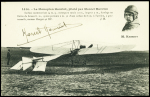 Carte postale "Le monoplan Hanriot piloté par Marcel Hanriot" avec signature (M.Hanriot, agé de 16 ans était le plus jeune pilote). TB