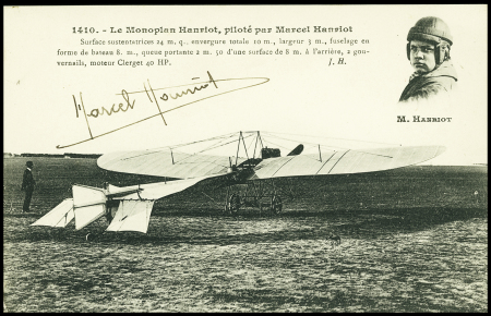 Carte postale "Le monoplan Hanriot piloté par Marcel Hanriot" avec signature (M.Hanriot, agé de 16 ans était le plus jeune pilote). TB
