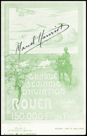 Carte postale "Grande semaine d'aviation Rouen 19-26 juin 1910" (affiche de M. de Linières) avec signature de Marcel Hanriot. TB