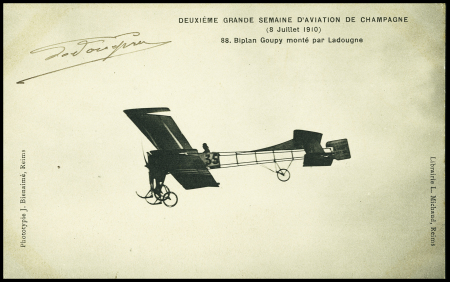 CP : deuxième grande semaine d'aviation de Champagne (8 juillet 1910) biplan Goupy monté par Ladougne, avec signature. TB