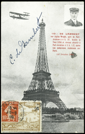 N°138 OBL Paris sur porte-timbre bistre Port Aviation sur CP (De Lambert double la Tour Eiffel sur biplan Wright) avec signature "C de Lambert"