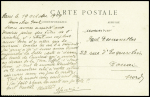 N°138 OBL Paris sur porte-timbre bistre Port Aviation sur CP (De Lambert double la Tour Eiffel sur biplan Wright) avec signature "C de Lambert"