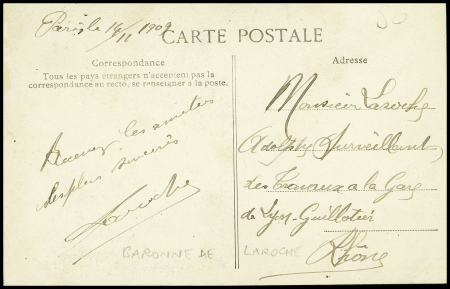 N°137 OBL Paris (1909) sur CP "nos aviateurs - Madame de Laroche" (ELD n°33) avec signature de la baronne de Laroche au verso. TB