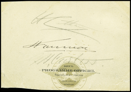 Morceau de page de programme d'aviation avec signatures de Hubert Latham, Henry Farman et Glenn Curtiss. Ensemble rare et TB