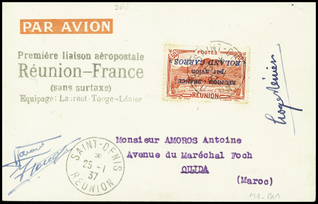 Réunion PA n°1B, surcharge renversée (cote 5000€) OBL Saint Denis (25.1.37) sur lettre de la 1ère liaison Réunion - France (M1 Réunion) avec signature des aviateurs