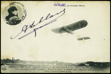 Carte postale "Leblanc sur monoplan Blériot" avec signature A.Leblanc". TB