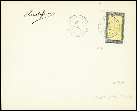 Madagascar n°139 OBL Mananjary (31 dec 31) sur env. sans adresse pour Tananarive sans arrivée avec signature "René Lefèvre" (M20a). TB