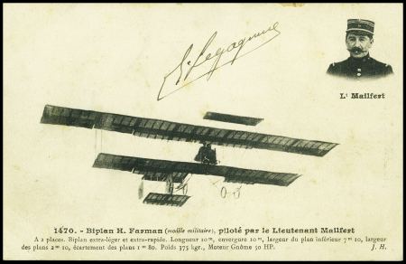Carte postale "Biplan H.Farman (modèle militaire) piloté par le lieutenant Mailfert" avec signature "G. Legagneux". TB