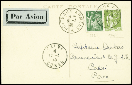 N°284A + 432 OBL CAD "Poste aux armées" (3.3.40) sur carte postale pour Calvi représentant Marie Marvingt avec signature de l'aviatrice. TB