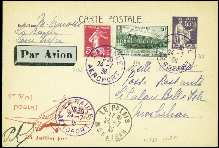 N°278B + 339 OBL CAD "La Baule aéroport" (24.7.38) sur entier carte postale 55c Paix avec cachet rouge illustré "1er vol postal La Baule - Belle Ile en Mer"