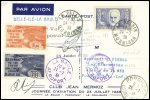 N°383 OBL Le Palais Morbihan (24.7.38) sur carte spéciale avec 2 vignettes et cachet noir illustré "1er vol postal Belle Ile en Mer La Baule + signature