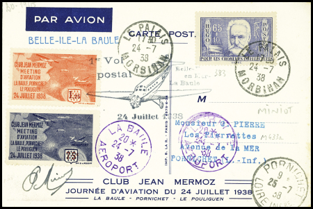 N°383 OBL Le Palais Morbihan (24.7.38) sur carte spéciale avec 2 vignettes et cachet noir illustré "1er vol postal Belle Ile en Mer La Baule + signature