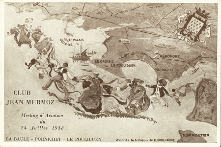 N°383 OBL Le Palais Morbihan (24.7.38) sur carte spéciale avec 2 vignettes et cachet noir illustré "1er vol postal Belle Ile en Mer La Baule + signature