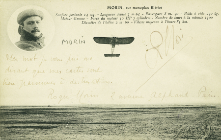Carte postale "Morin sur monoplan Blériot" avec signature "R.Morin". TB