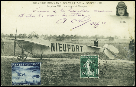 N°137 OBL CAD "Nantes aviation" (21.8.10) sur carte postale "Le pilote Niel sur appareil Nieuport" avec vignette ND bleue "Nantes aviation" et signature