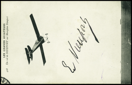 N°137 OBL Suresnes (1910) sur carte postale verticale "Les grands aviateurs - un vol de Nieuport sur monoplan Nieuport" avec signature "Ed. Nieuport"