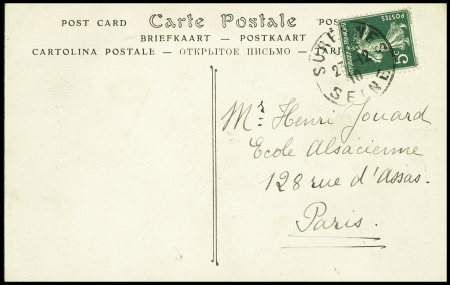 N°137 OBL Suresnes (1910) sur carte postale verticale "Les grands aviateurs - un vol de Nieuport sur monoplan Nieuport" avec signature "Ed. Nieuport"