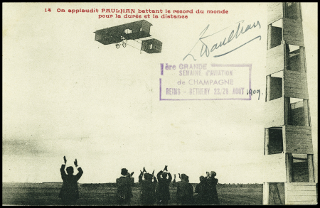 Carte postale "On applaudit Paulhan battant le record du monde pour la durée et la distance" avec cachet rect violet
