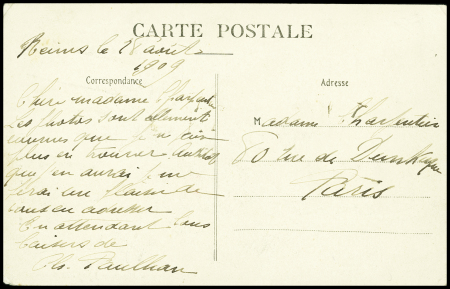 Carte postale montrant le panneau de record du monde de Paulhan le 28 aout 1909 avec signature de L. Paulhan. TB