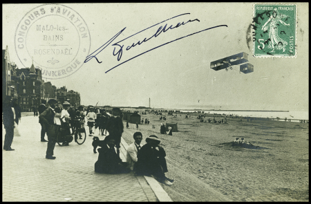 N°137 OBL Dunkerque (20.8.09) sur carte postale avec cachet violet "Concours d'aviation Dunkerque - Malo les Bains - Rosendaël" et signature de L. Pauhan