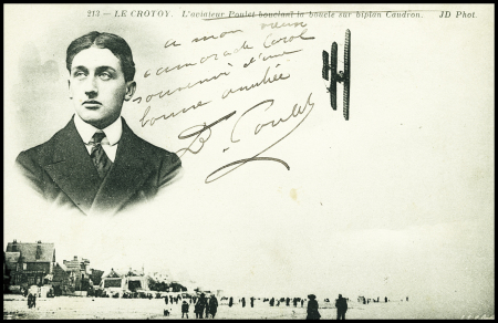 Carte postale "Le Crotoy - l'aviateur Poulet bouclant la boucle sur biplan Caudron" avec signature "E.Poulet". TB