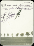 Carte postale photo (coins retaillés). Avion Deperdussin en vol avec signature "M.Prevost" (il gagna la coupe Gordon Bennett le 29 sept 1913 à 203km/h)