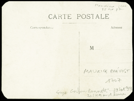 Carte postale photo (coins retaillés). Avion Deperdussin en vol avec signature "M.Prevost" (il gagna la coupe Gordon Bennett le 29 sept 1913 à 203km/h)