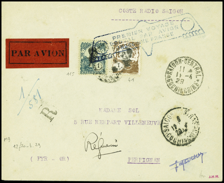 Indochine n°417115 OBL Saïgon (11.4.29) sur lettre pour Perpignan avec cachet bleu en forme d'avion stylisé "Premier voyage postal par avion Indochine France"