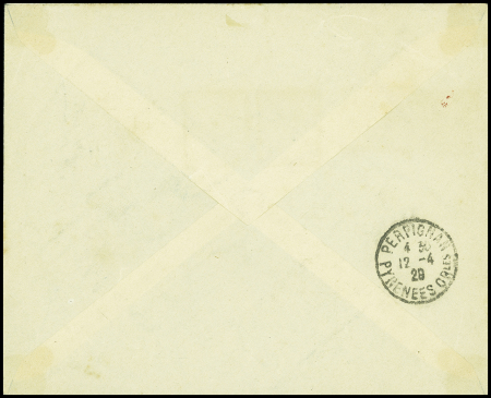 Indochine n°417115 OBL Saïgon (11.4.29) sur lettre pour Perpignan avec cachet bleu en forme d'avion stylisé "Premier voyage postal par avion Indochine France"