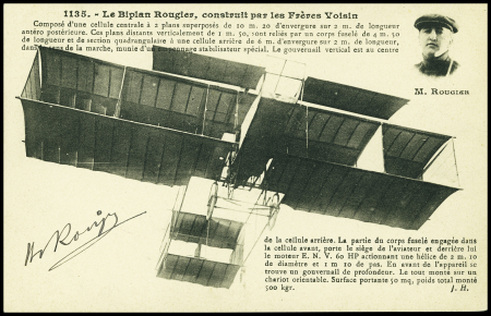 Carte postale "Le biplan Rougier, construit par les frères Voisin" (n°1135) avec signature "H.Rougier". TB