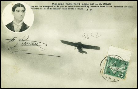 N°137 OBL Vincennes (1913) sur carte postale "monoplan Nieuport piloté par LF Ruau" avec signature "F.Ruau". TB