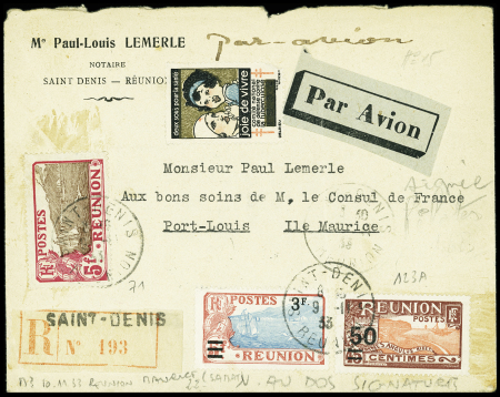 30.11.33 Réunion - Maurice (M3) sur lettre recommandée avec au verso griffe noire "1ere liaison postale aérienne Réunion Maurice raid Samat escadrille de 3 avions"