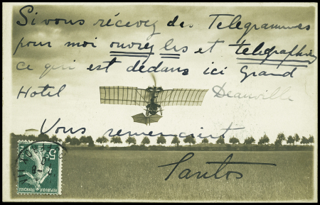 N°137 OBL Paris (1910) sur CP photo (avion décollant) avec texte manuscrit signé Santos