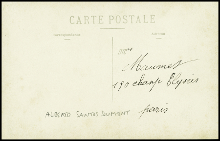 N°137 OBL Paris (1910) sur CP photo (avion décollant) avec texte manuscrit signé Santos