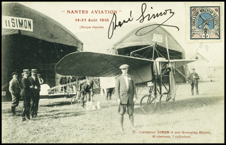 Carte postale "Nantes aviation 14-21 aout 1910 - l'aviateur Simon et son monoplan Blériot" (n°77) avec signature de René Simon. TB