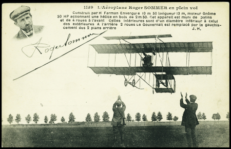 Carte postale "L'Aéroplane Roger Sommer en plein vol" (n°1149) avec signature "Roger Siommer". TB
