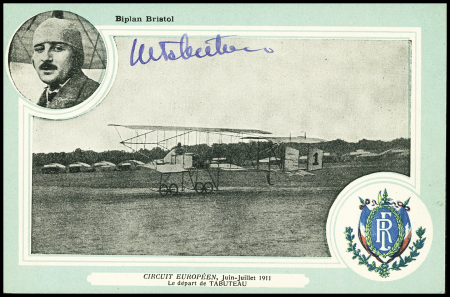 Carte postale à bordure bleu clair "circuit européen juin - juillet 1911 le départ de Tabuteau" avec signature "M. Tabuteau". TB