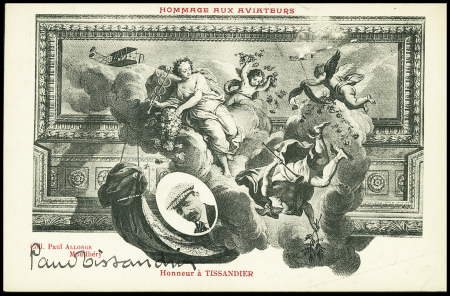 Carte postale allégorique "Hommage aux aviateurs honneur à Tissandier" avec signature "Paul Tissandier". TB