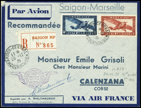 21.12.35 Saïgon - France lettre avec cachet violet du 25e anniversaire du 1er vol par Van den Born (M121 Indochine) avec signature de Vandenborn. TB