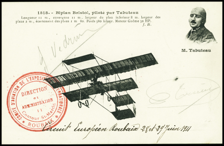 Carte postale "biplan Bristol piloté par Tabuteau avec cachet rouge "Comité d'aviation de l'exposition internationale - Roubaix" (1911) avec signature au crayon