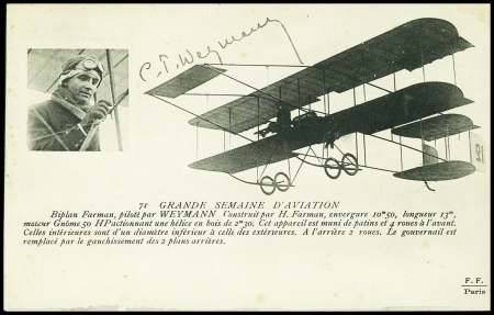 Carte postale "Biplan Farman piloté par Weymann" avec signature "CP Weymann". TB